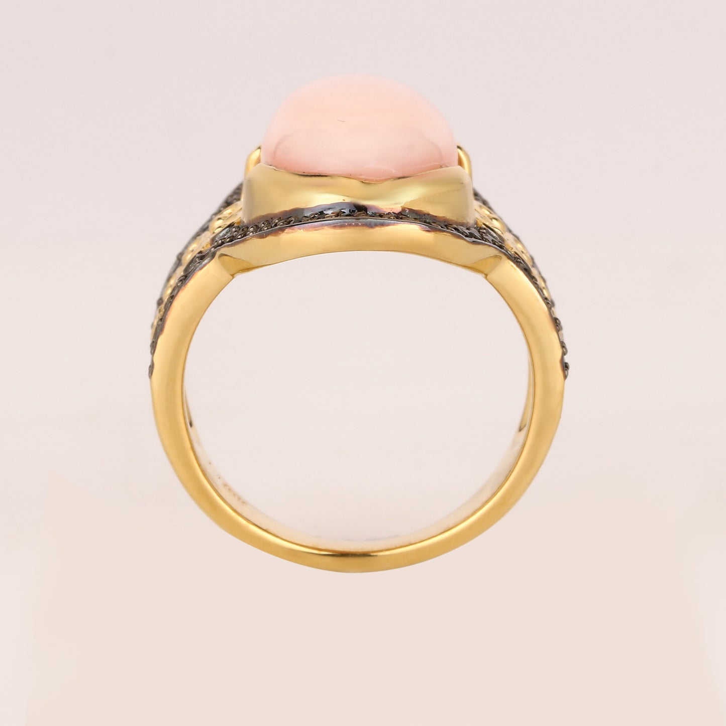 Natural Pink Opal Ring With Black Spinel 9.67 Carats Gold Plated Silver