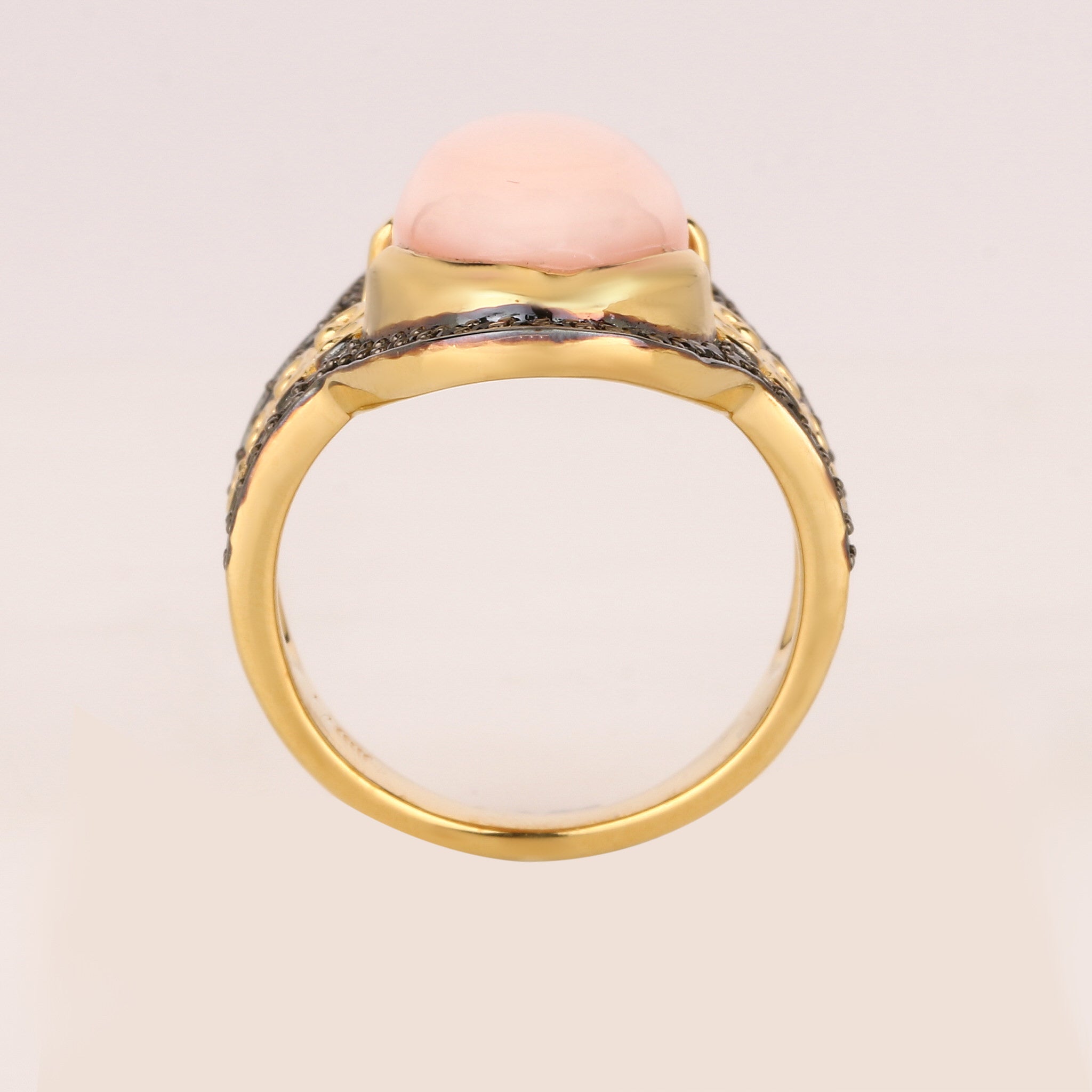 Natural Pink Opal Ring With Black Spinel 9.67 Carats Gold Plated Silver