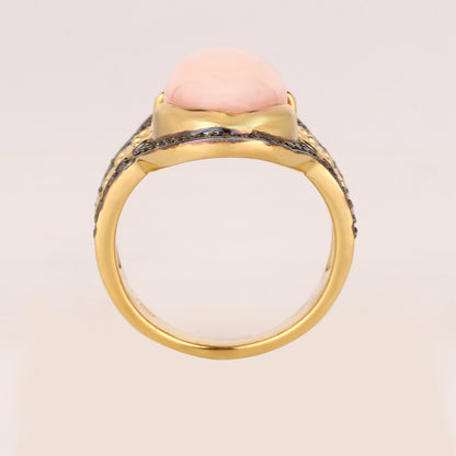 Natural Pink Opal Ring With Black Spinel 9.67 Carats Gold Plated Silver