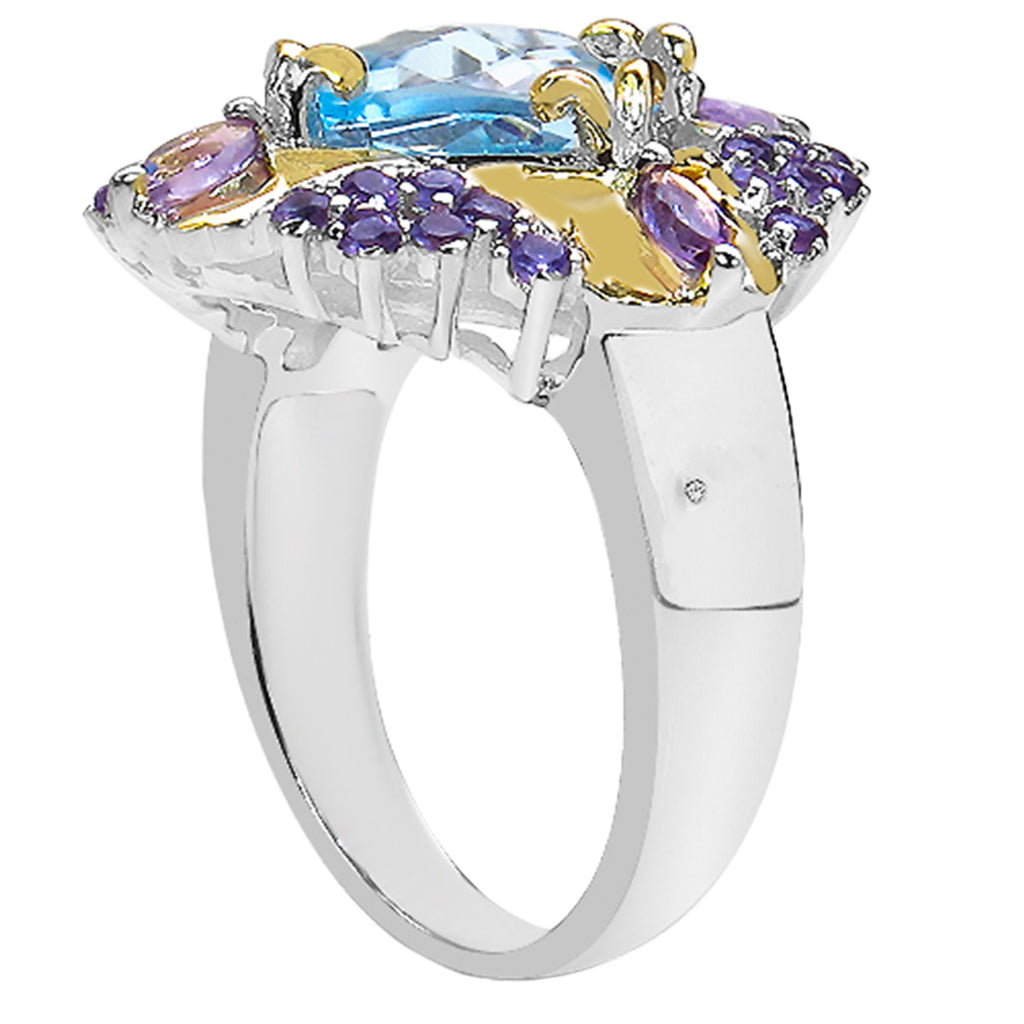 Blue Topaz Butterfly Ring With Amethyst and Diamonds 5.61 Carats Sterling Silver