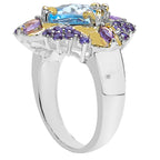 Blue Topaz Butterfly Ring With Amethyst and Diamonds 5.61 Carats Sterling Silver