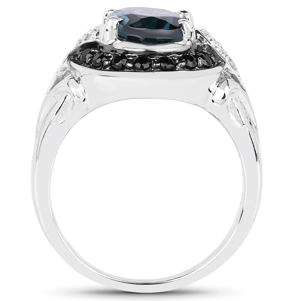 London Blue Topaz Ring With Black Spinel 4.22 Carats Sterling Silver