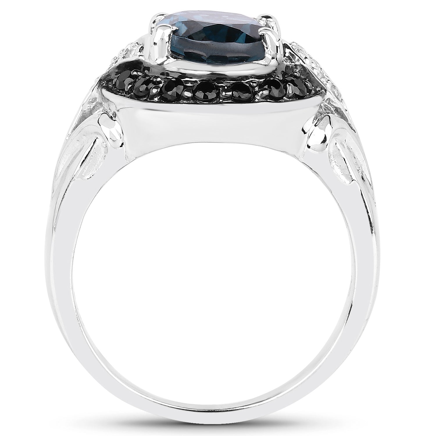 London Blue Topaz Ring With Black Spinel 4.22 Carats Sterling Silver