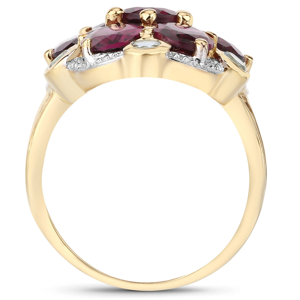 Rhodolite Garnet Flower Ring With Blue Topaz 11.1 Carats Gold Plated Silver