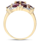 Rhodolite Garnet Flower Ring With Blue Topaz 11.1 Carats Gold Plated Silver