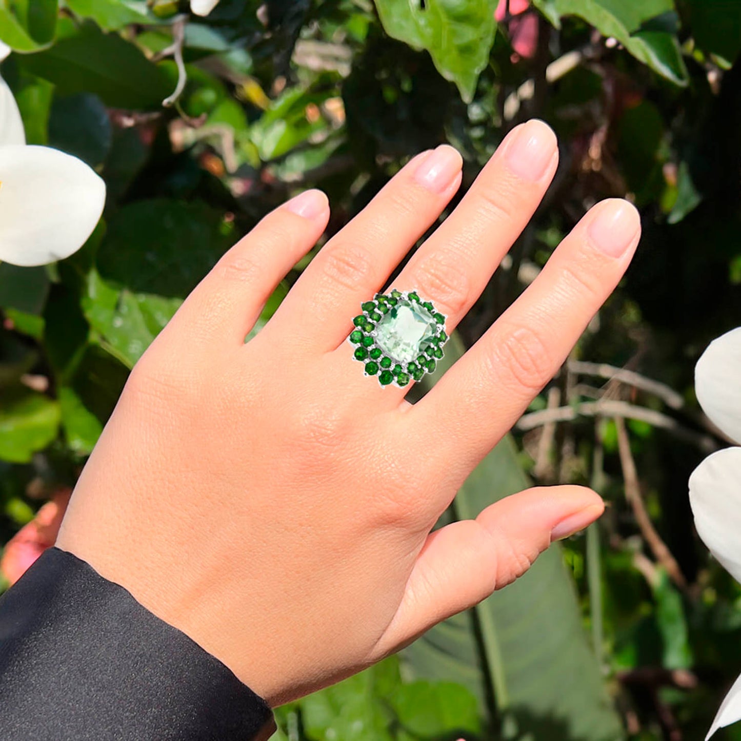 Green Amethyst Cocktail Ring Chrome Diopside Double Halo 9.9 Carats