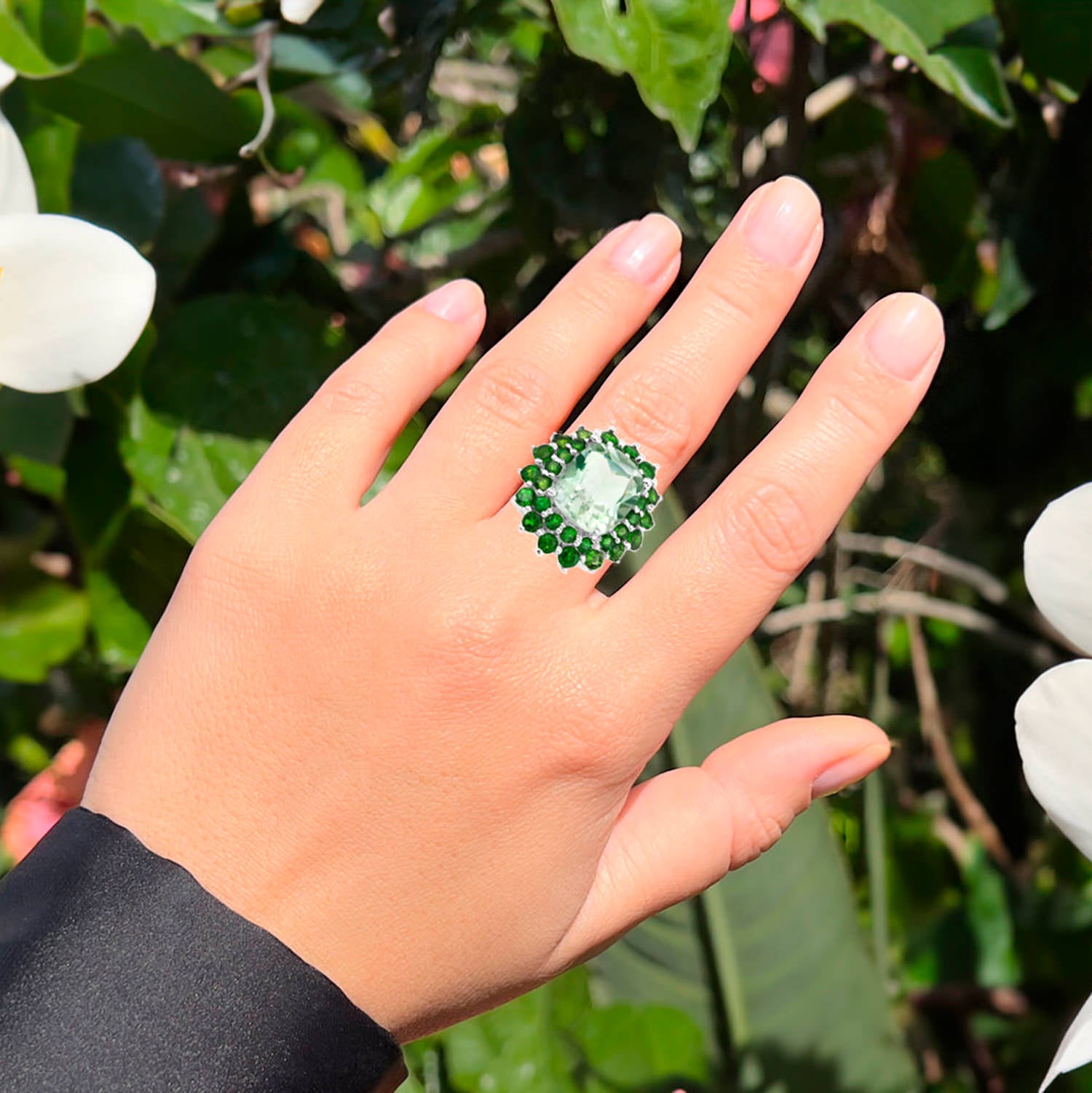 Green Amethyst Cocktail Ring Chrome Diopside Double Halo 9.9 Carats