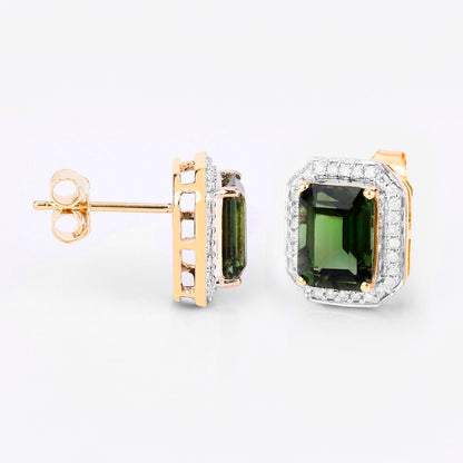 Green Tourmaline Stud Earrings Diamond Halo 3.65 Carats 14K Yellow Gold