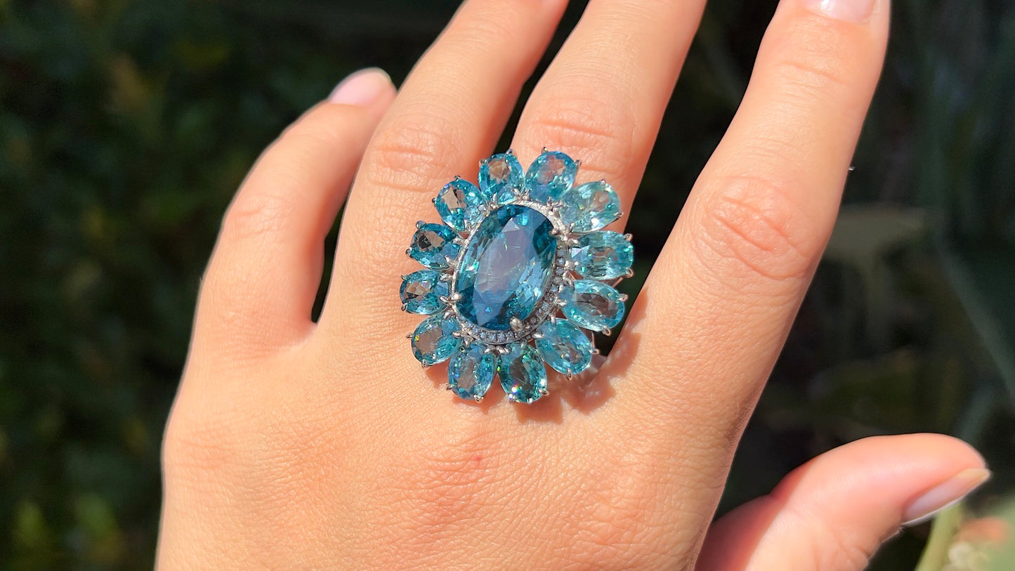 Important Rare Natural Ocean Blue Zircon Ring Diamond Halo 30 Carats 14K Gold