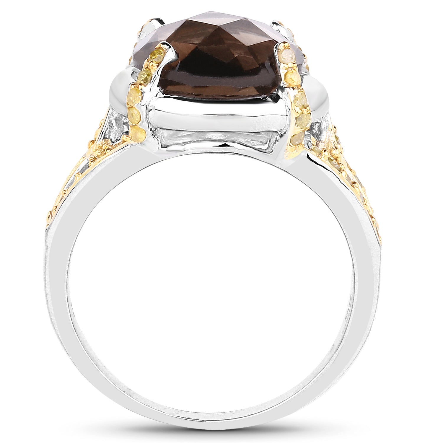Smoky Quartz Ring With Yellow Diamond 3.26 Carats Sterling Silver