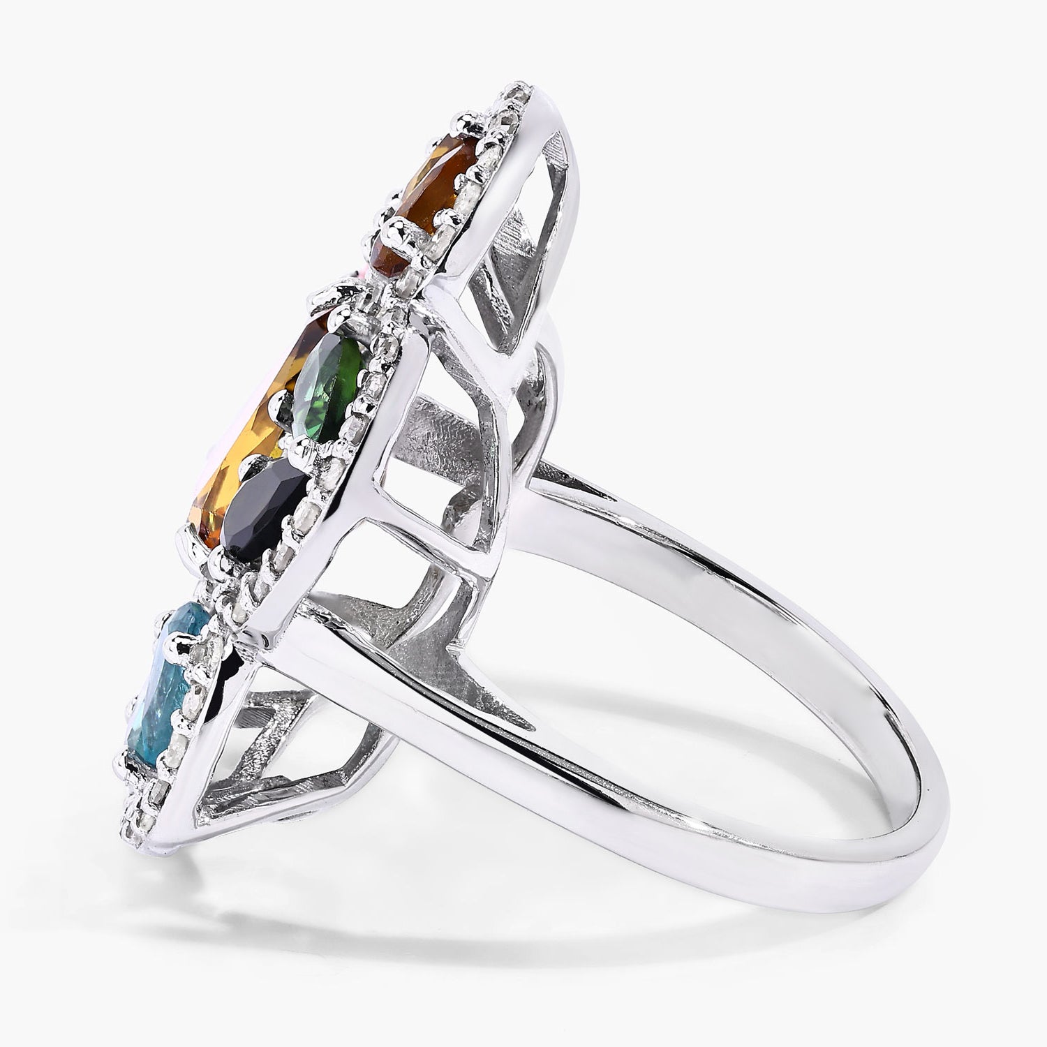 Multicolor Tourmaline Ring With Diamonds 5.02 Carats Sterling Silver