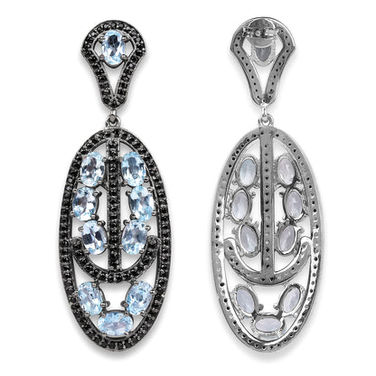Blue Topaz Dangle Earrings With Black Spinels 13.9 Carats Rhodium Plated Silver