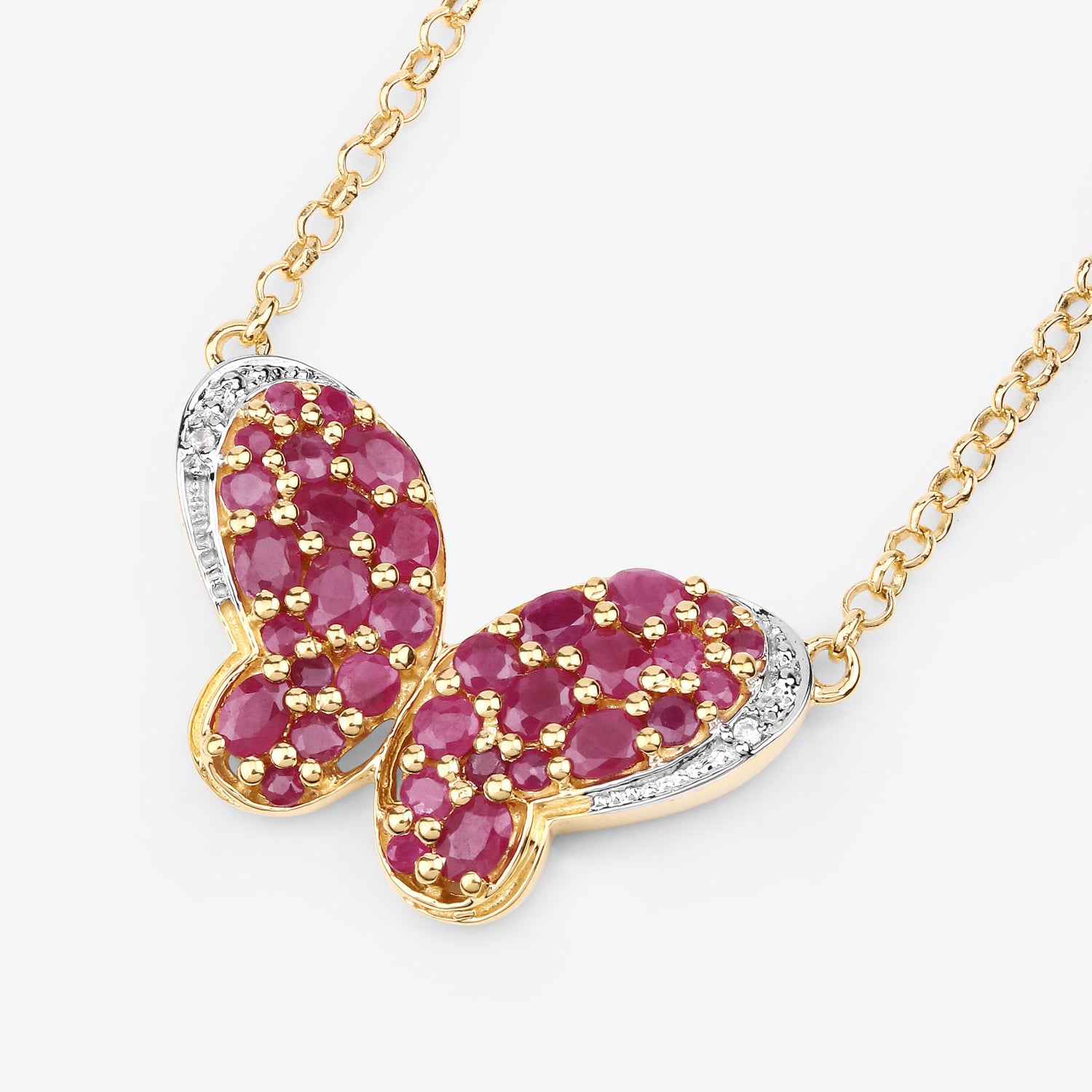 Ruby Butterfly Pendant With White Zircon 4.08 Carats Gold Plated Silver