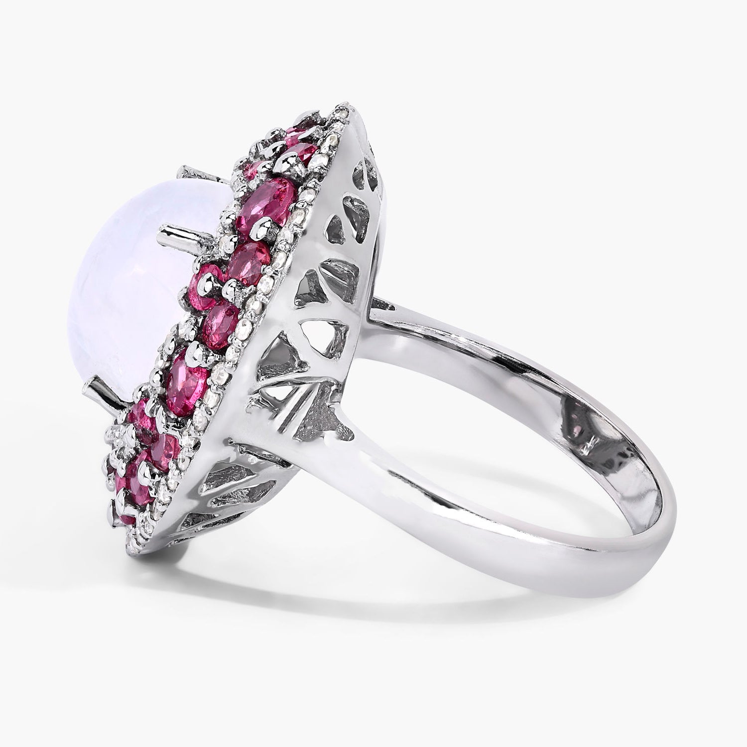 Moonstone Ring With Pink Tourmaline 7.72 Carats Sterling Silver