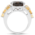 Smoky Quartz Ring With Citrine and White Topaz 9.7 Carats Sterling Silver