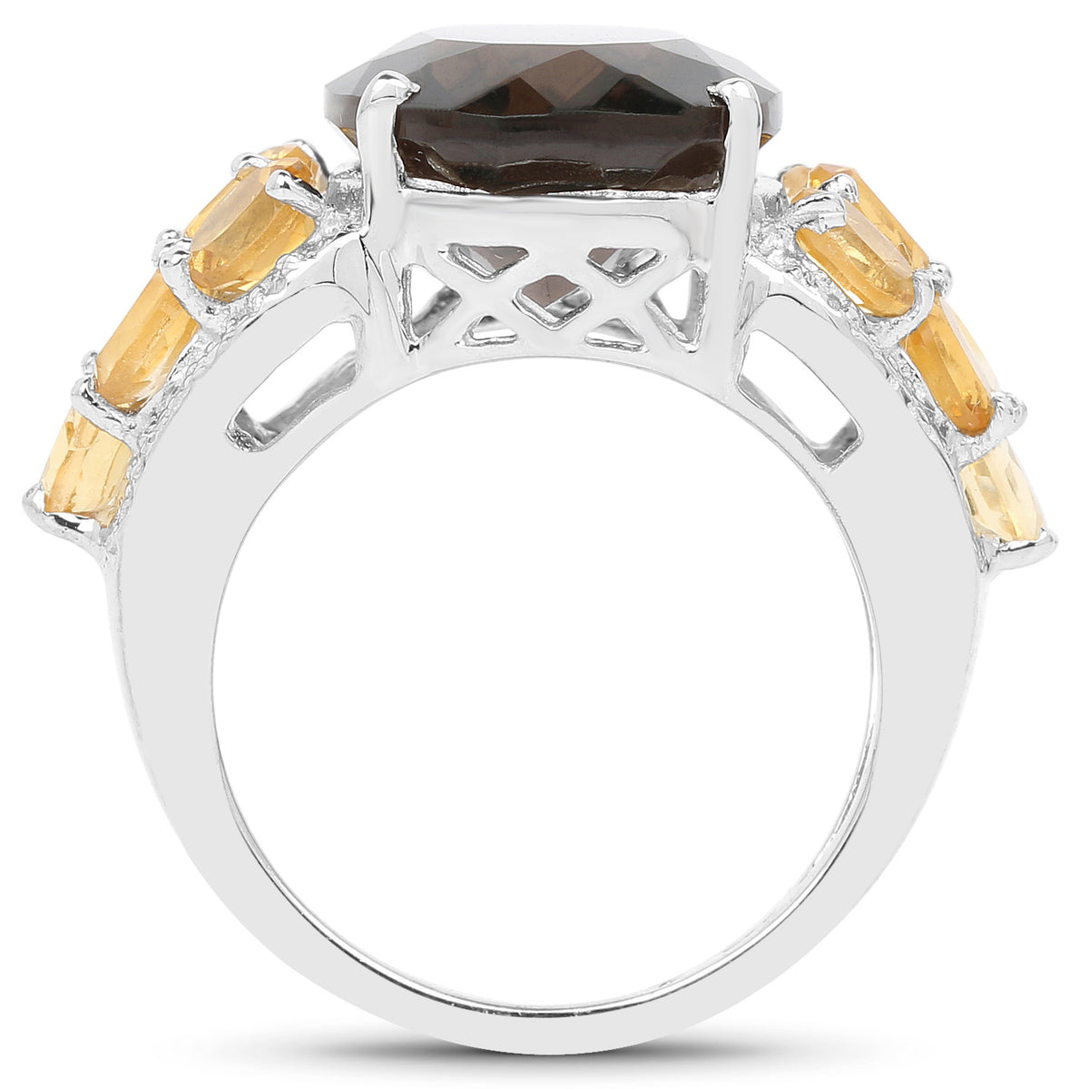Smoky Quartz Ring With Citrine and White Topaz 9.7 Carats Sterling Silver