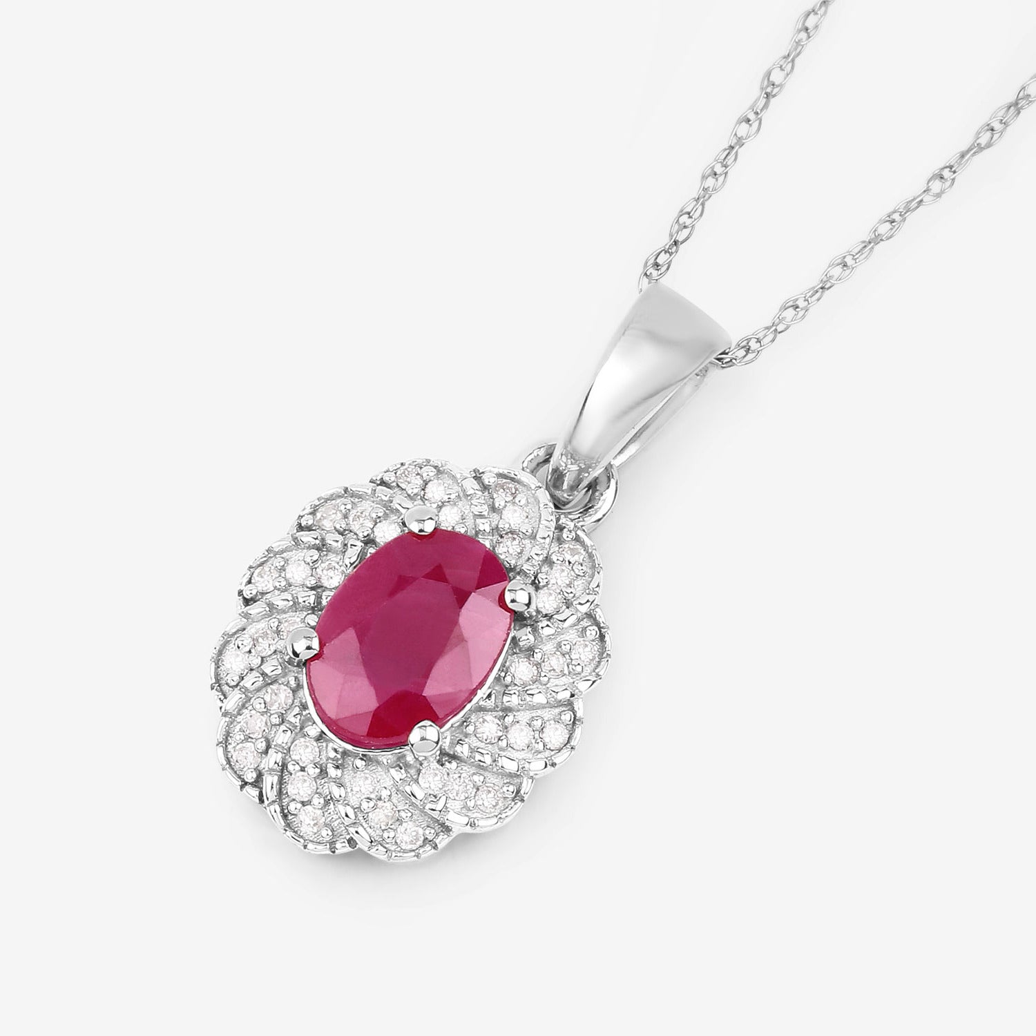 Ruby Floral Pendant With Diamonds 0.92 Carats 10K White Gold
