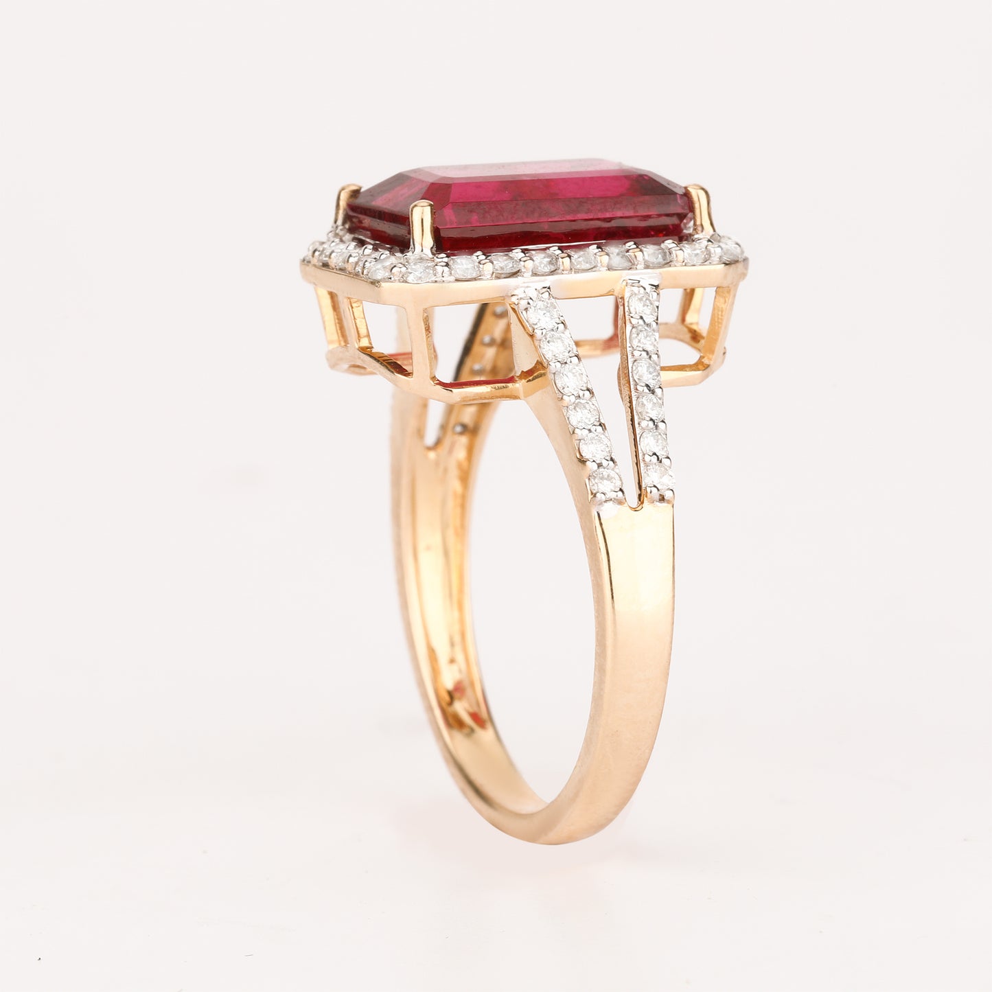 Natural Rubellite Ring With Diamonds 5.32 Carats 9K Yellow Gold