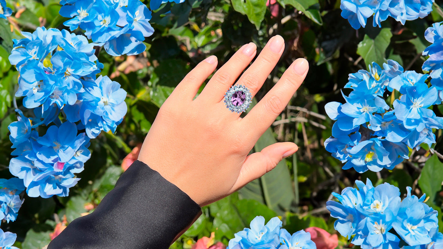 Amethyst Cocktail Ring Tanzanite and Blue Topaz Halo 7.8 Carats