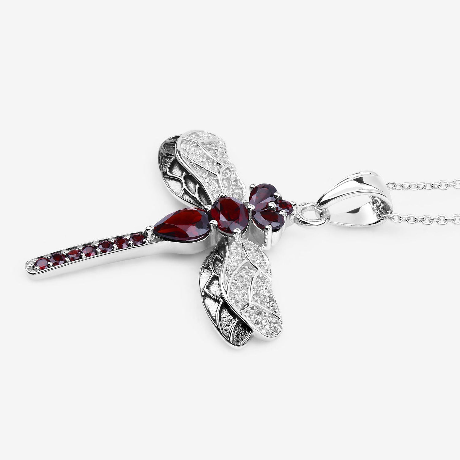 Garnet Dragonfly Pendant With White Topaz 2.2 Carats Sterling Silver