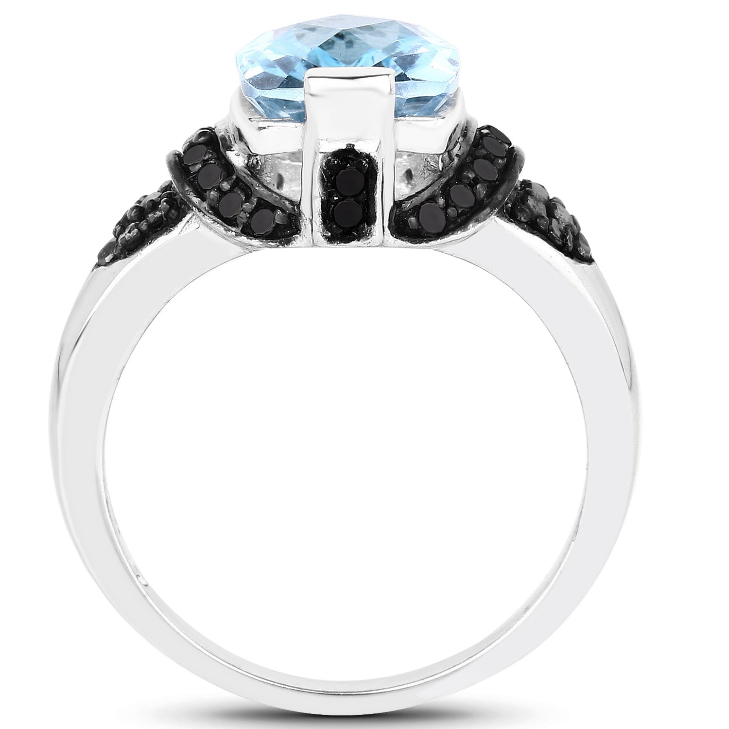 Swiss Blue Topaz Ring With Black Diamonds 3.76 Carats Sterling Silver