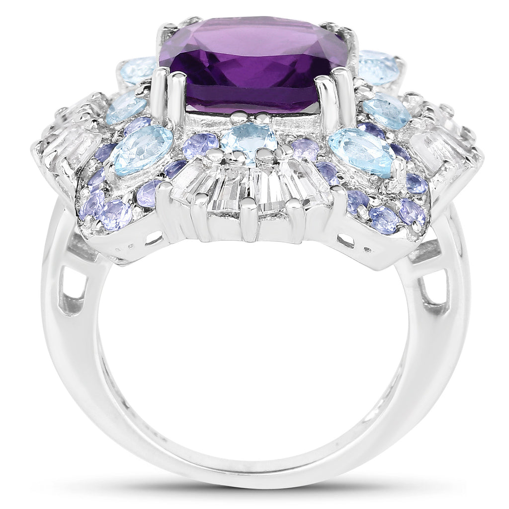 Amethyst Ring With Multicolor Topaz and Tanzanite 8.28 Carats Sterling Silver