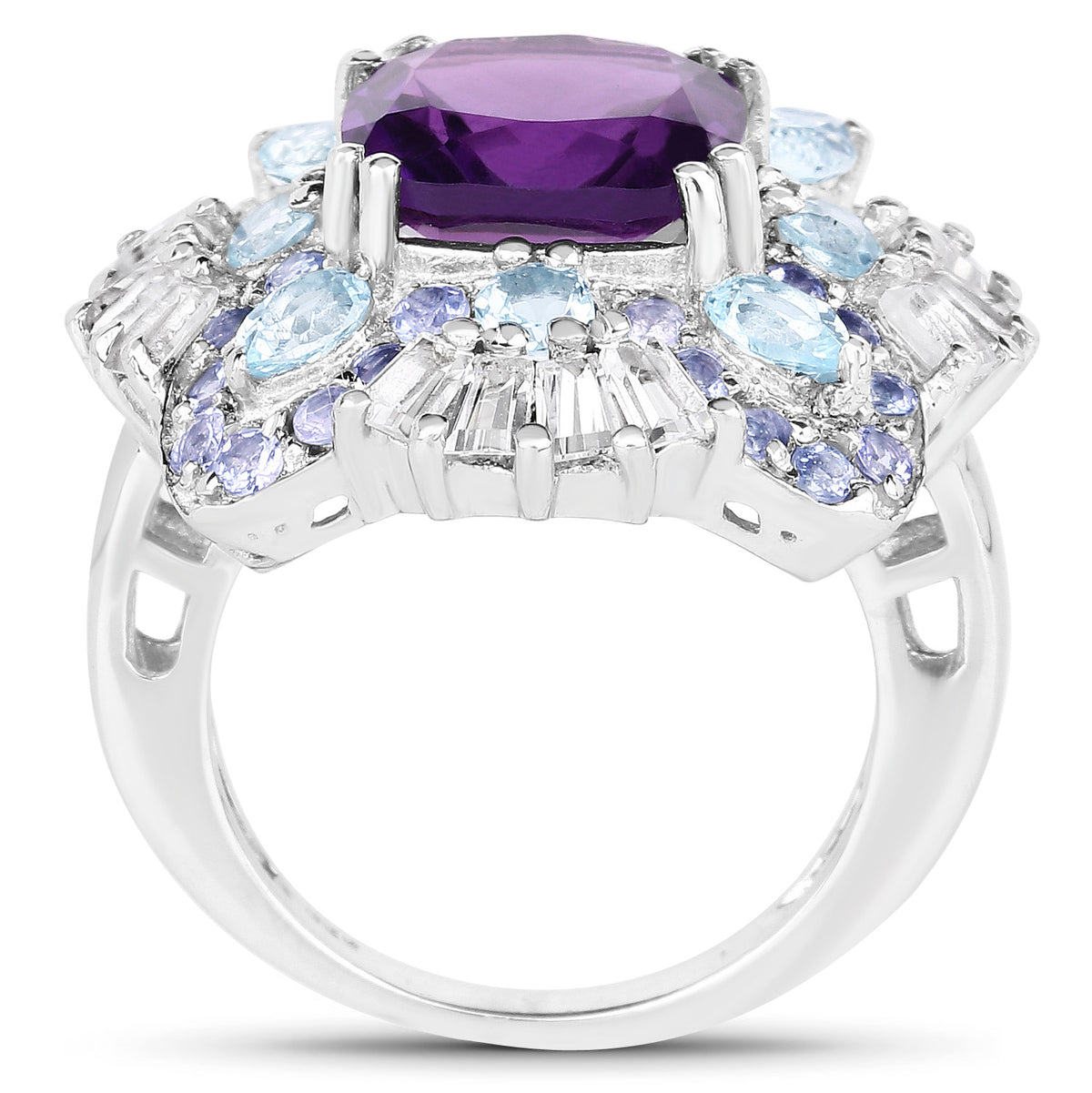 Amethyst Ring With Multicolor Topaz and Tanzanite 8.28 Carats Sterling Silver