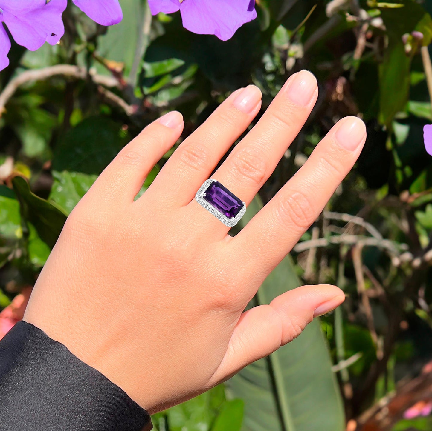 Amethyst East-West Ring with White Zircon 5.49 Carats Sterling Silver