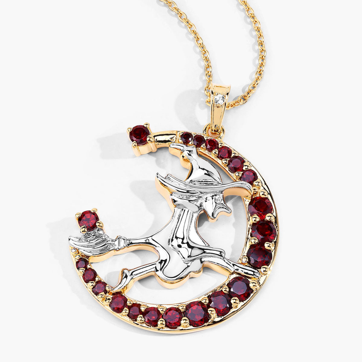 Garnet Flying Witch Pendant With White Topaz 1.22 Carats Gold Plated Silver