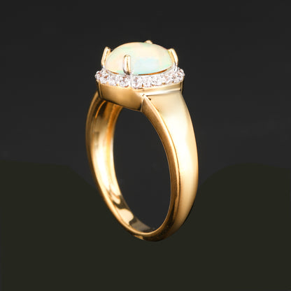 Natural Ethiopian Opal Ring With White Zircon 1.33 Carats Gold Plated Silver