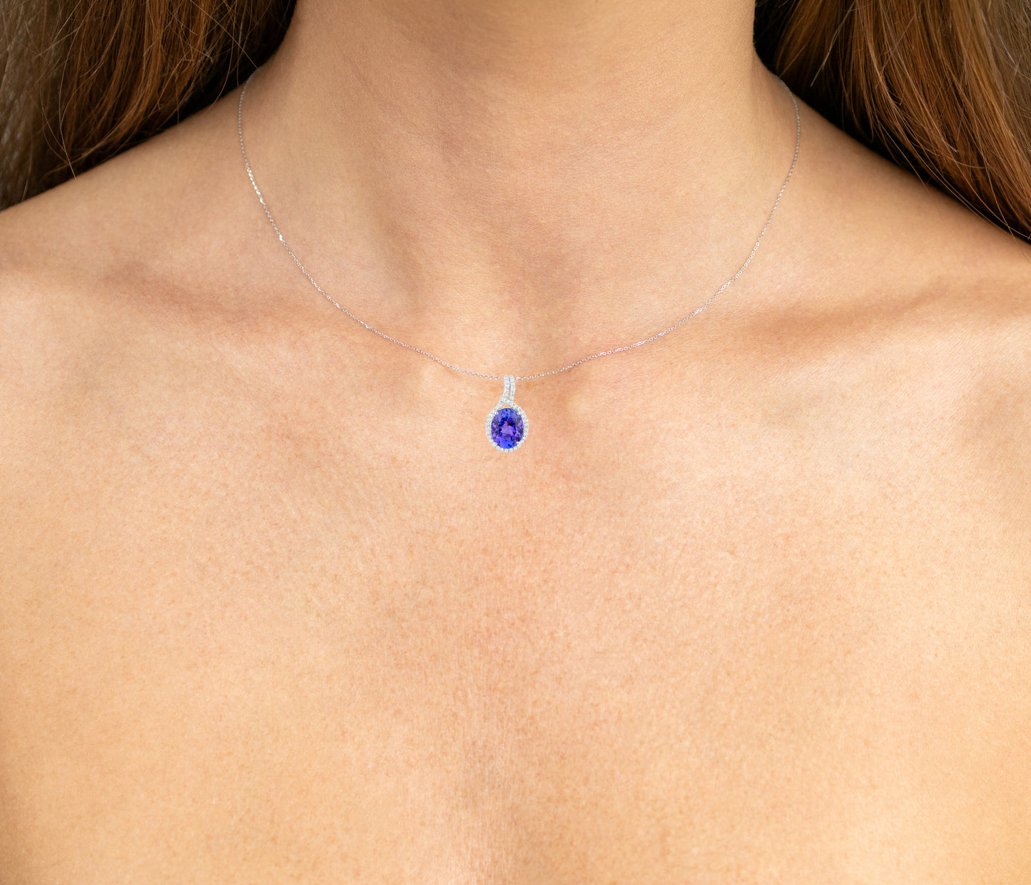Tanzanite Pendant Necklace Diamonds 3.2 Carats 14K White Gold
