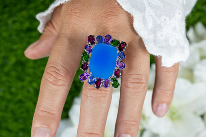 Blue Chalcedony Ring Amethyst Rhodolite Chrome Diopside Kyanite 26 Carats