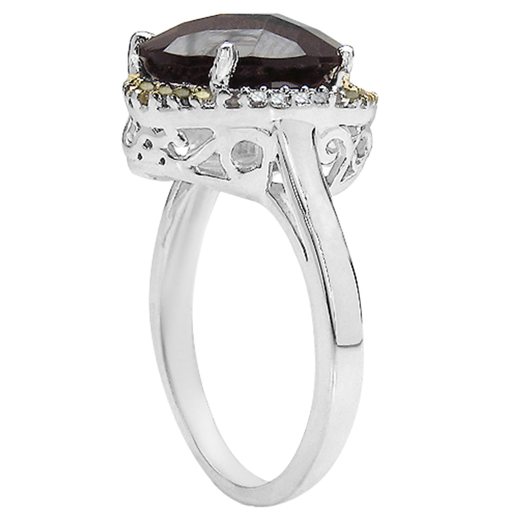 Smoky Quartz Ring With Yellow Diamonds 4.36 Carats Sterling Silver
