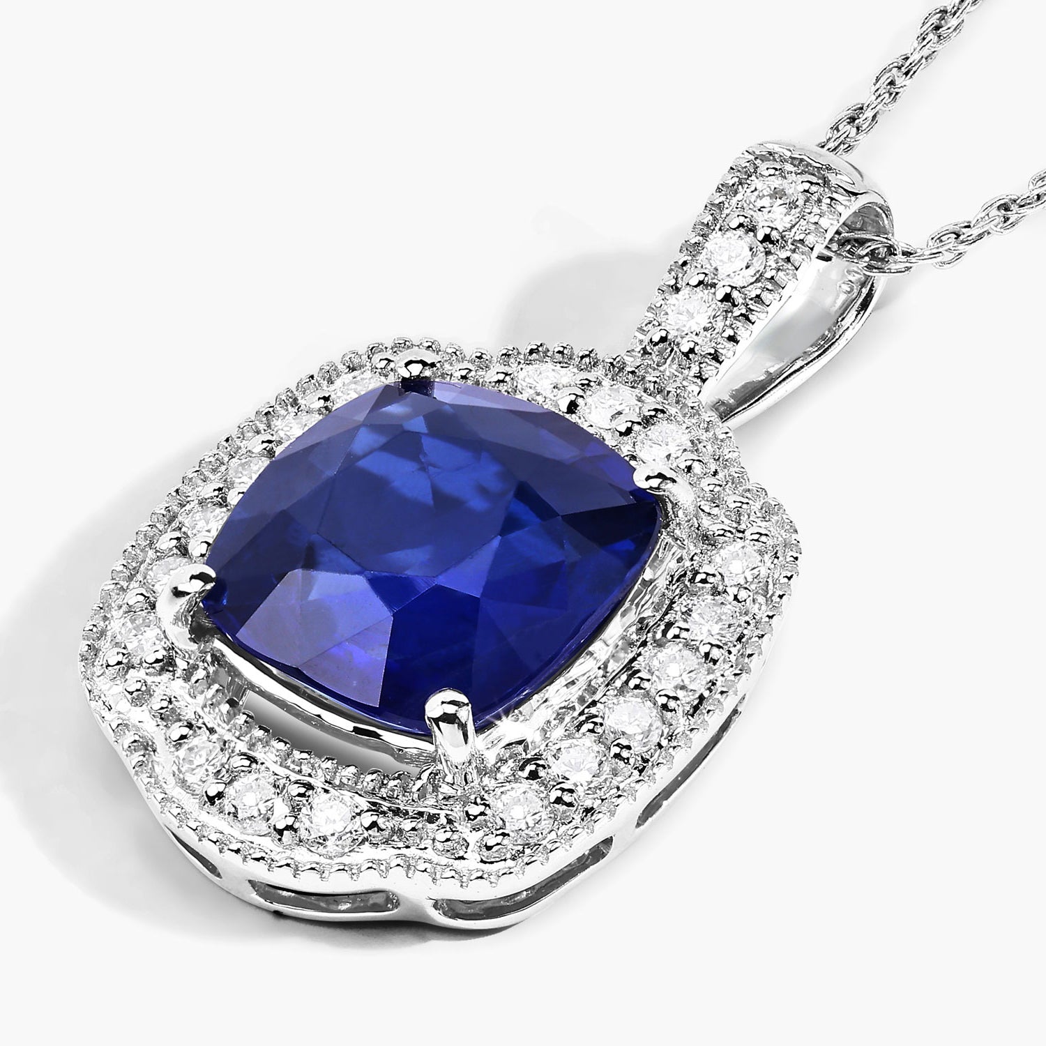 Blue Sapphire Pendant With Diamonds 2.5 Carats 18K White Gold