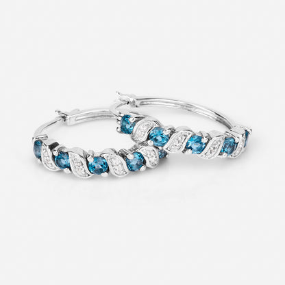 London Blue Topaz Hoop Earrings With White Topaz 1.44 Carats Sterling Silver