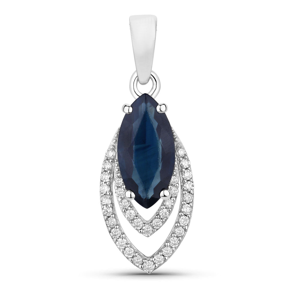Blue Sapphire Pendant With Diamonds 1.38 Carats 14K White Gold
