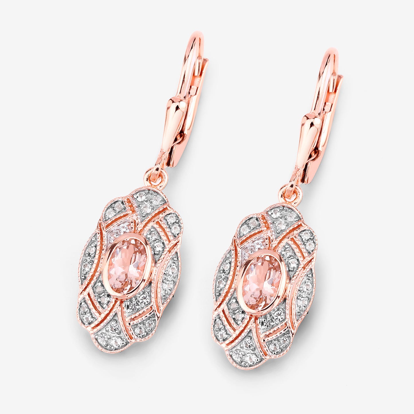 Morganite Dangle Earrings With White Topaz 1.02 Carats Gold Plated Silver