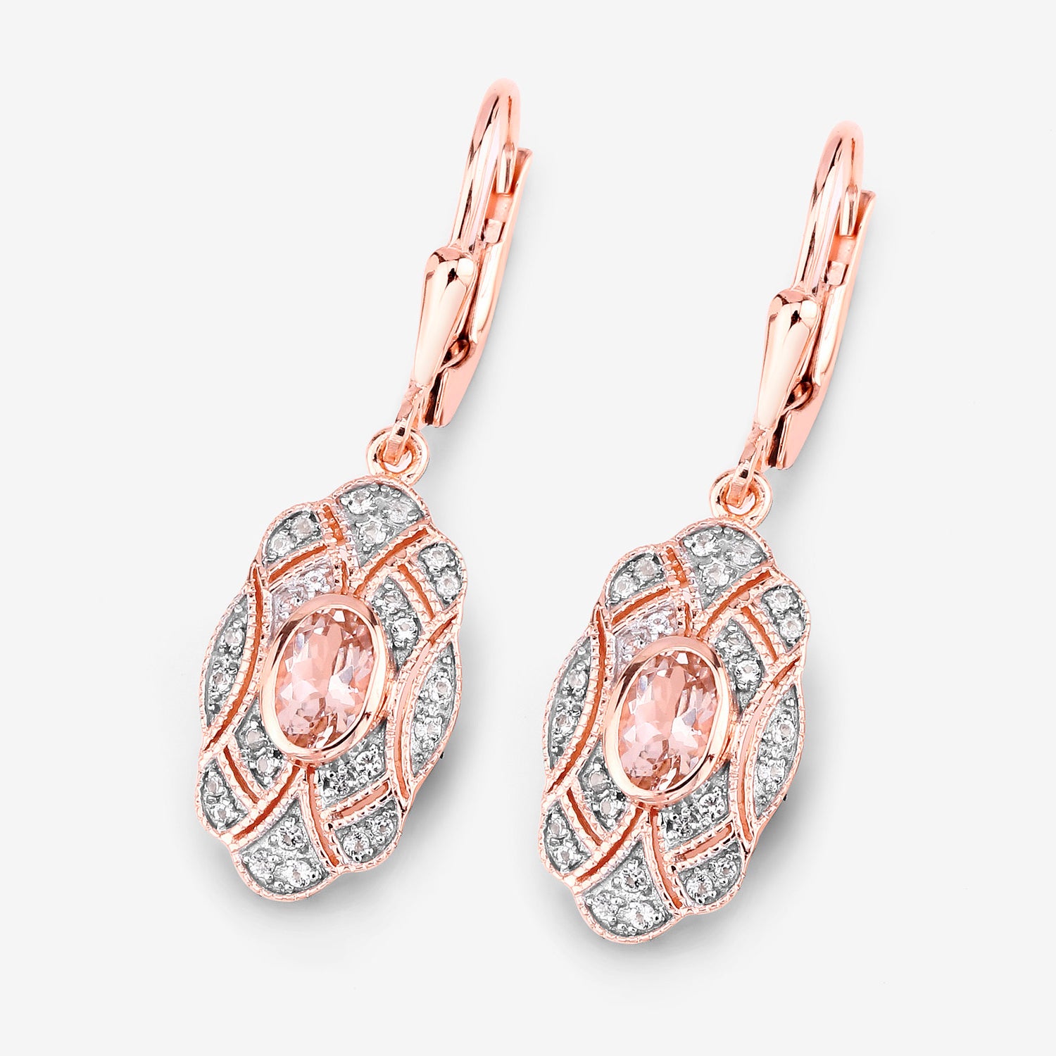 Morganite Dangle Earrings With White Topaz 1.02 Carats Gold Plated Silver