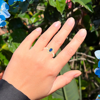 Natural Blue Sapphire Flower Ring Diamond Setting 0.53 Carats 14K Yellow Gold