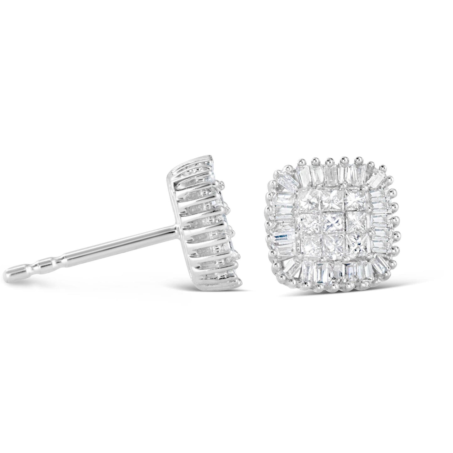 Diamond Cluster Stud Earrings Princess and Baguette Cut 0.5 Carats 10K Gold