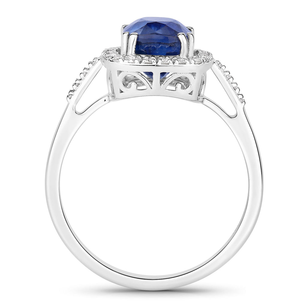Blue Sapphire Ring With Diamonds 3 Carats 18K White Gold