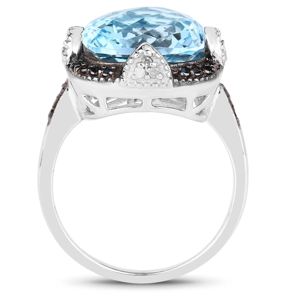 Swiss Blue Topaz Ring With Multicolor Diamonds 8.24 Carats Sterling Silver