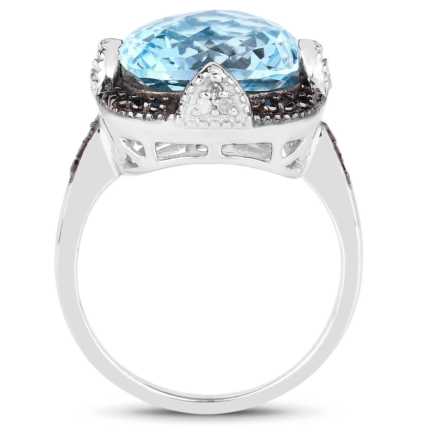 Swiss Blue Topaz Ring With Multicolor Diamonds 8.24 Carats Sterling Silver