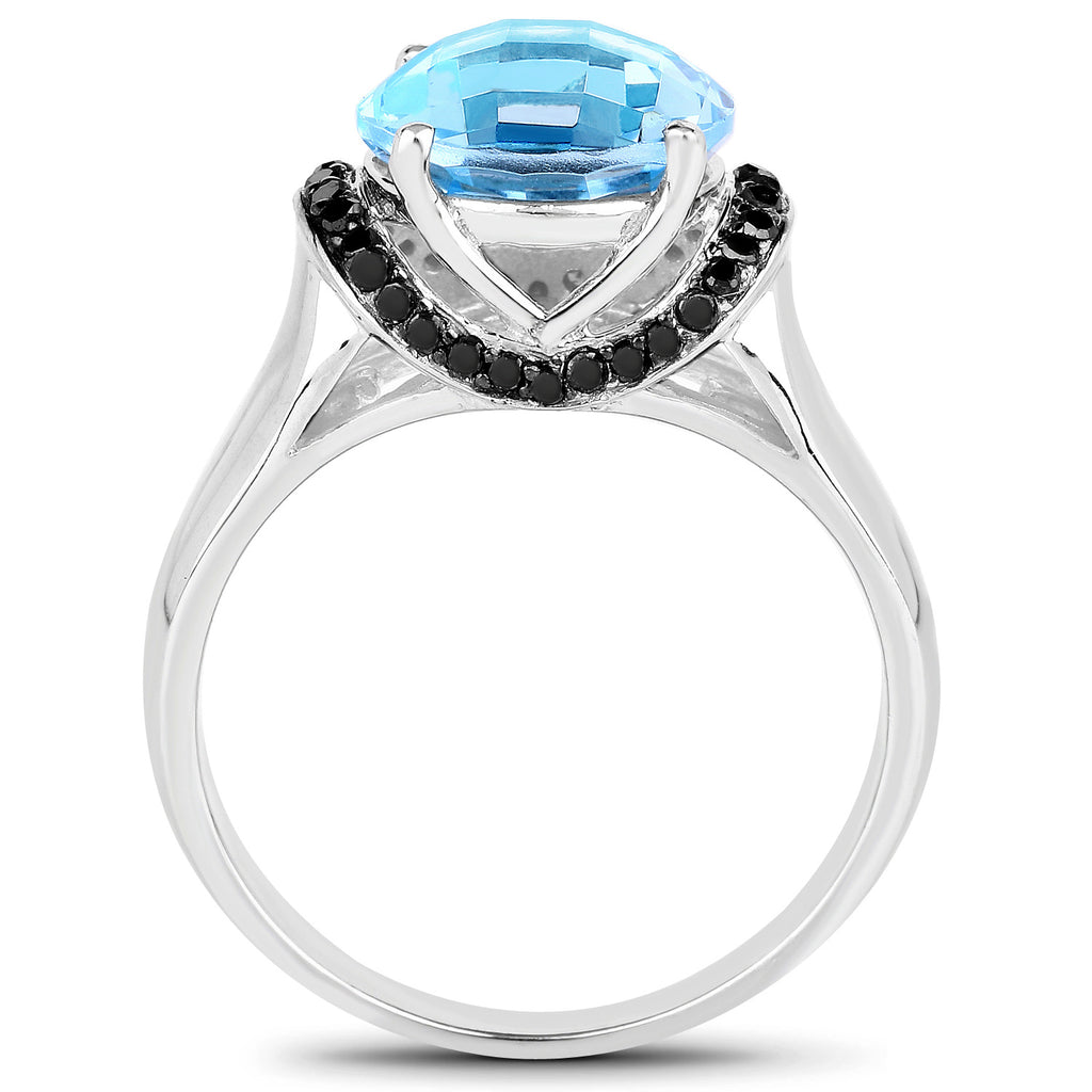Swiss Blue Topaz Ring With Black Diamonds 4.92 Carats Sterling Silver