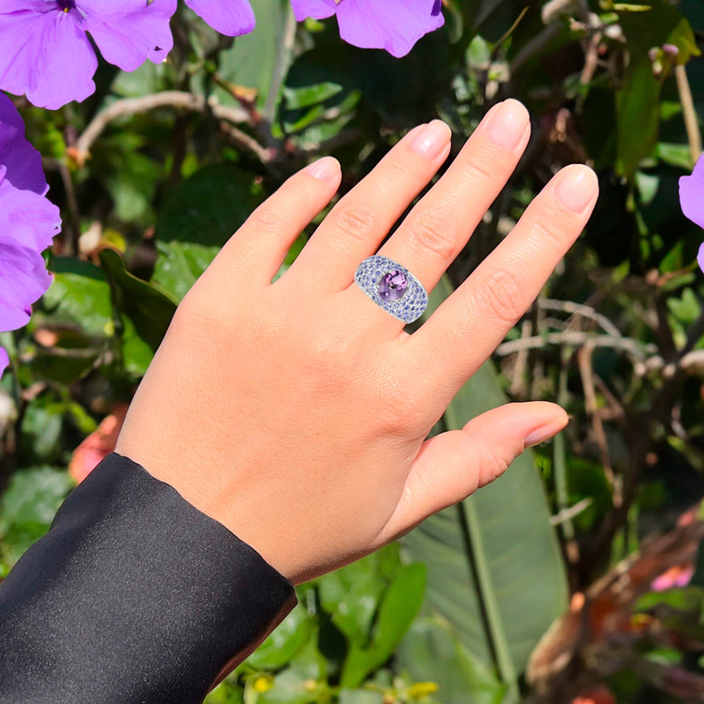 Amethyst Cluster Ring Tanzanites 4.2 Carats Sterling Silver