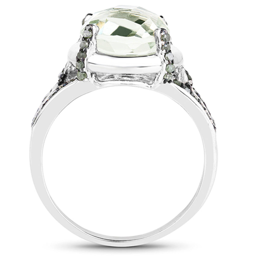 Green Amethyst Ring With Multicolor Diamonds 4.02 Carats Sterling Silver