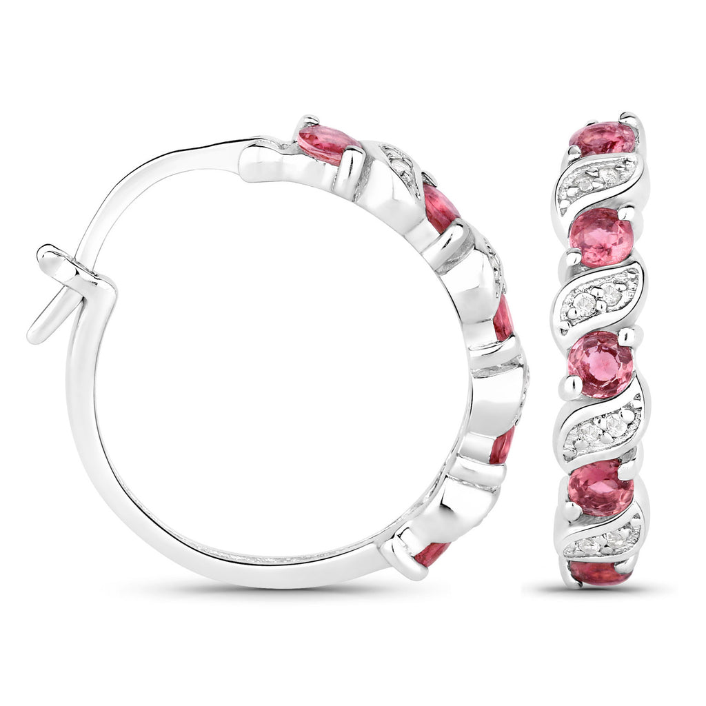 Pink Tourmaline Hoop Earrings With White Topaz 1.24 Carats Sterling Silver