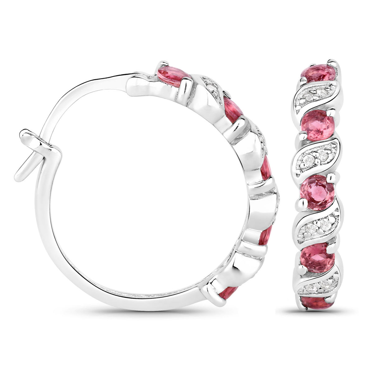 Pink Tourmaline Hoop Earrings With White Topaz 1.24 Carats Sterling Silver
