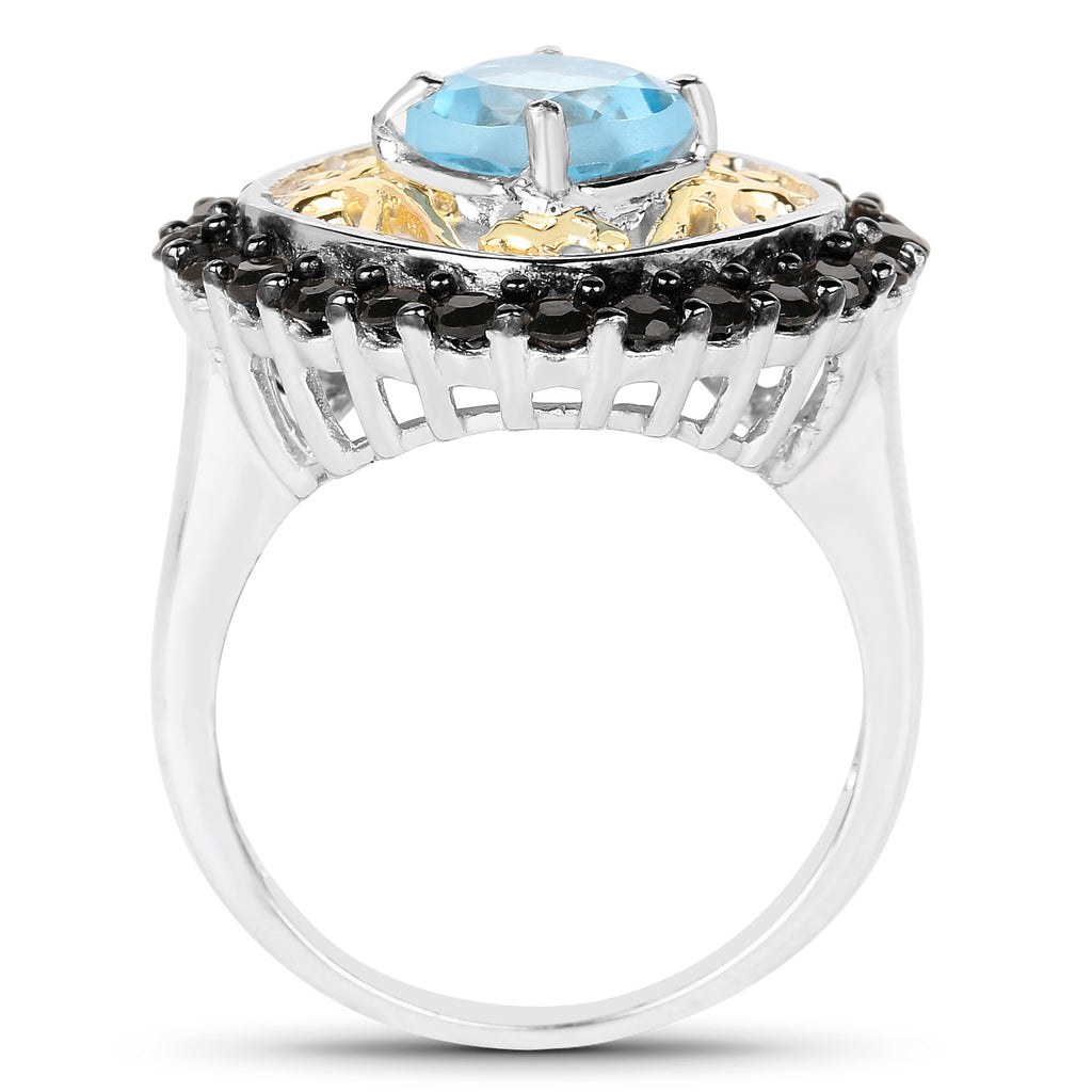 Swiss Blue Topaz Ring With Black Spinel 2.82 Carats Gold Plated Silver