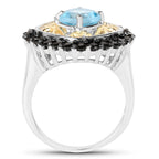 Swiss Blue Topaz Ring With Black Spinel 2.82 Carats Gold Plated Silver